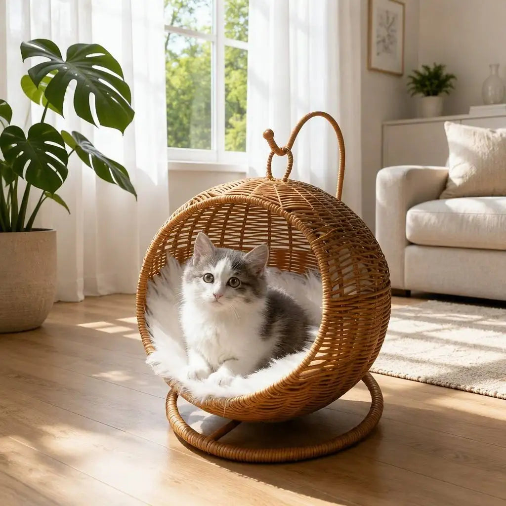 Handwoven Elevated Cat Bed with Soft Cushion & Egg Chair Shape Basket Bed Kitty House with Stand Raised Wicker House for Cats