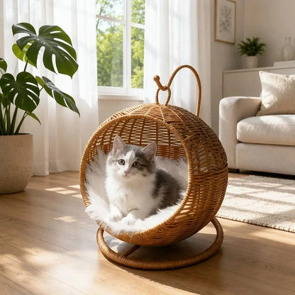 Handwoven Elevated Cat Bed with Soft Cushion & Egg Chair Shape Basket Bed Kitty House with Stand Raised Wicker House for Cats
