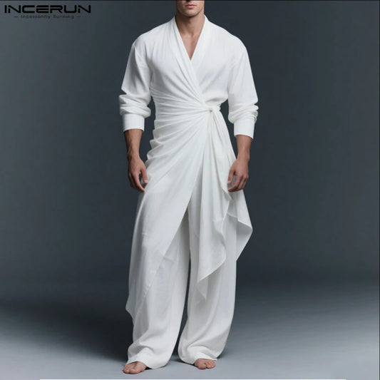 INCERUN Men Sets Solid V Neck Long Sleeve Long Style Shirt & Pants Two Pieces Sets Streetwear Loose Vintage Casual Men's Suit