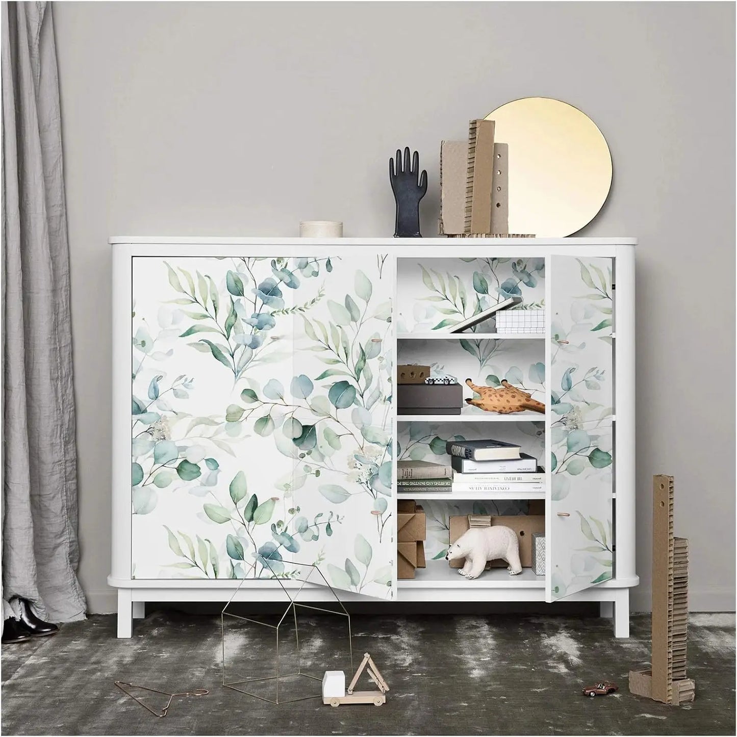 Green Leaves Peel and Stick Wallpaper Green/White Eucalyptus Leaf Floral Self Adhesive Wallpaper Wall Mural Home Nursery Decor