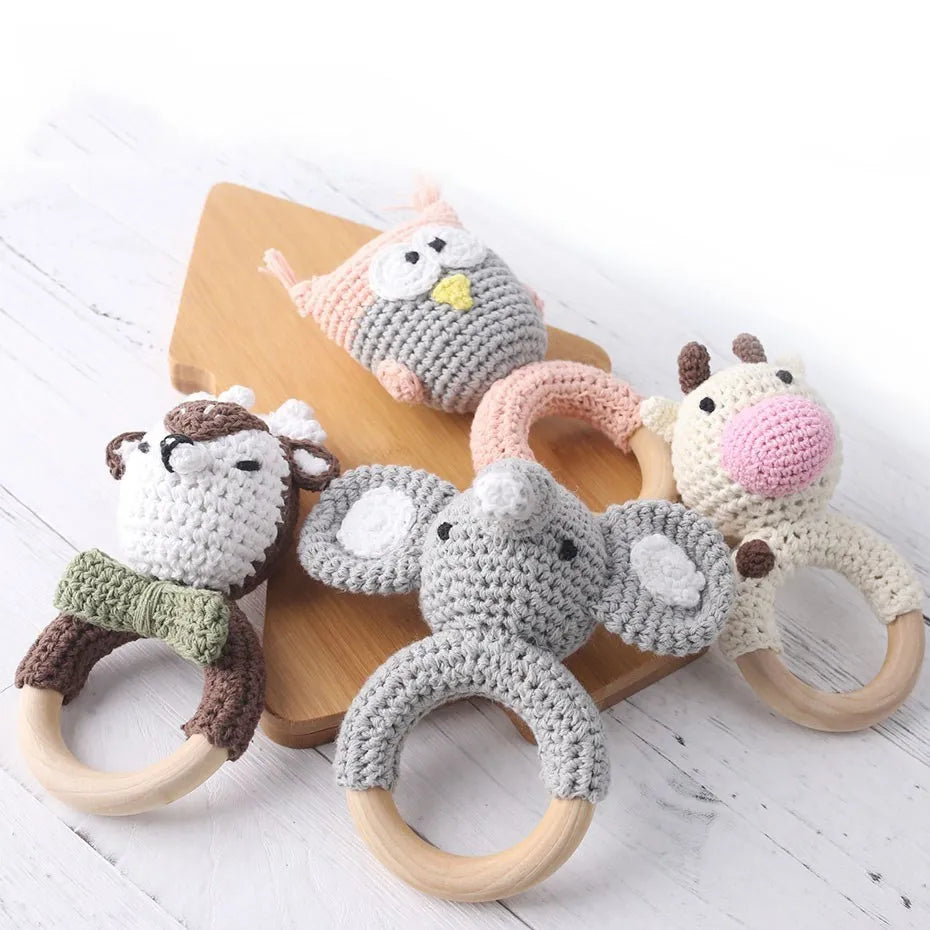Baby Rattles Crochet Bunny Rattle Toy Wood Ring Baby Teether Rodent Baby Gym Mobile Rattles Newborn Educational Toys Gifts 1pc