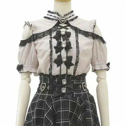 Women Japanese Sweet Lolita Blouses Summer Elegant Bow Off Shoulder JK Shirt Female Gothic Hot Girls Casual Lace Ruffles Tops