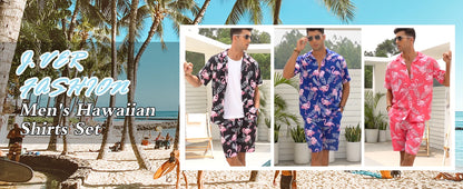 Men's New Hawaiian Short-Sleeved Shirt Shorts Set Summer Daily Travel Shirt Beach Casual Drawstring Shorts Jungle Print Set