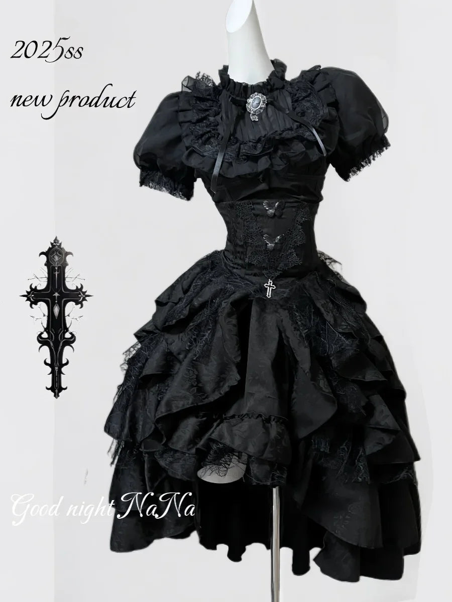 Gothic Dark Black Vintage Lace Blouse Retro Punk Light Lolita Short Sleeves Lace-up Slim Top and Multi Layers Skirt Set 2pcs Set