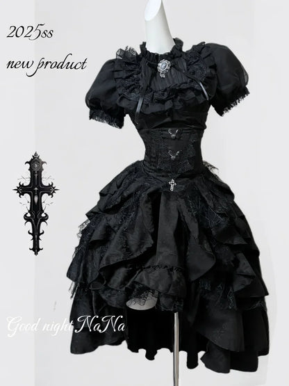 Gothic Dark Black Vintage Lace Blouse Retro Punk Light Lolita Short Sleeves Lace-up Slim Top and Multi Layers Skirt Set 2pcs Set