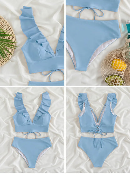 Solid Color Sexy V-neck Ruffle Bikini 2026 Women 2 Piece Swimwear Push Up Padded High Waist Swimsuit Summer Beach Bathing Suit