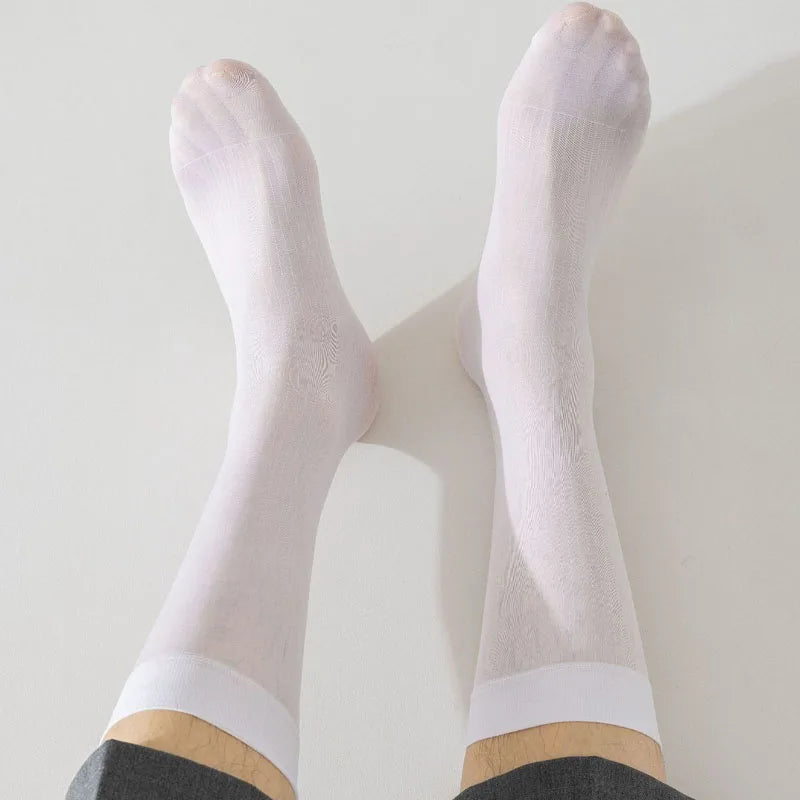 3 Pairs Summer Man Silk Socks Long Business Thin Nylon Striped Breathable Soft Elastic Below Knee Calf Formal Wear Crew Socks