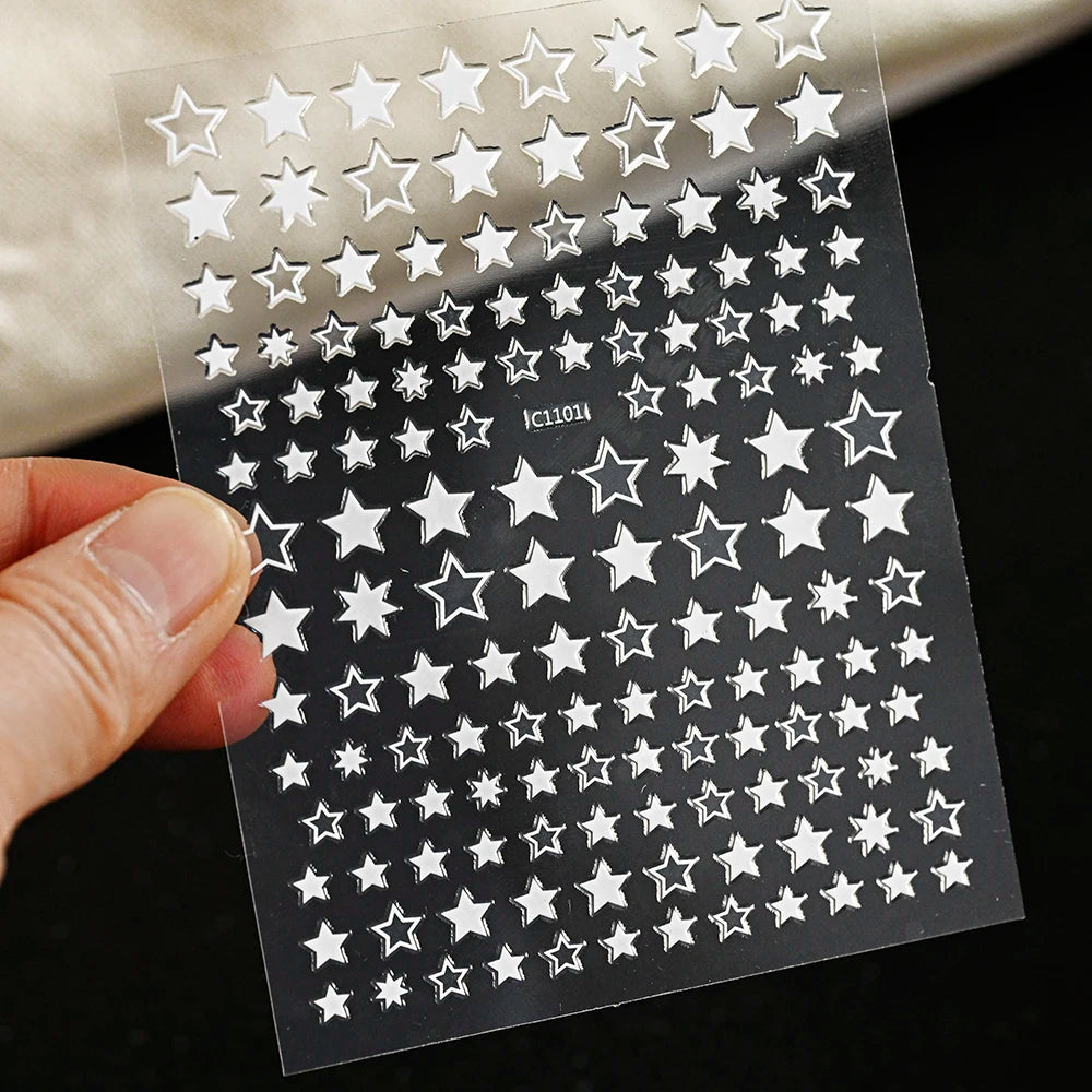 Black White Star 3D Nail Art Sticker Y2K Pentagram Self-Adhesive Decals Laser Shiny Glitters Starlight Manicure Ornaments Slider