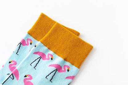 1Pair 35-44 Men Casual Cotton Sock Harajuku Cartoon Flamingo Loving Heart Cute Funny Character Japanese Socks