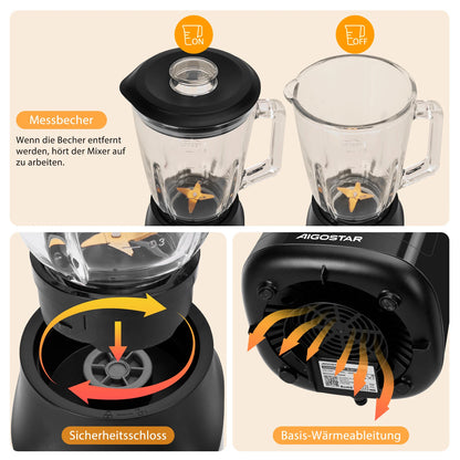 Aigostar Blender and Smoothie Maker, 1.5 Liter Glass Jar, Titanium-Coated Blades, Ice Crush Function, 2 Speeds + Pulse