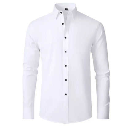 Men's long-sleeved shirt made of elastic fabric, wash-and-wear wrinkle-resistant business casual, silky smooth, pure color shirt