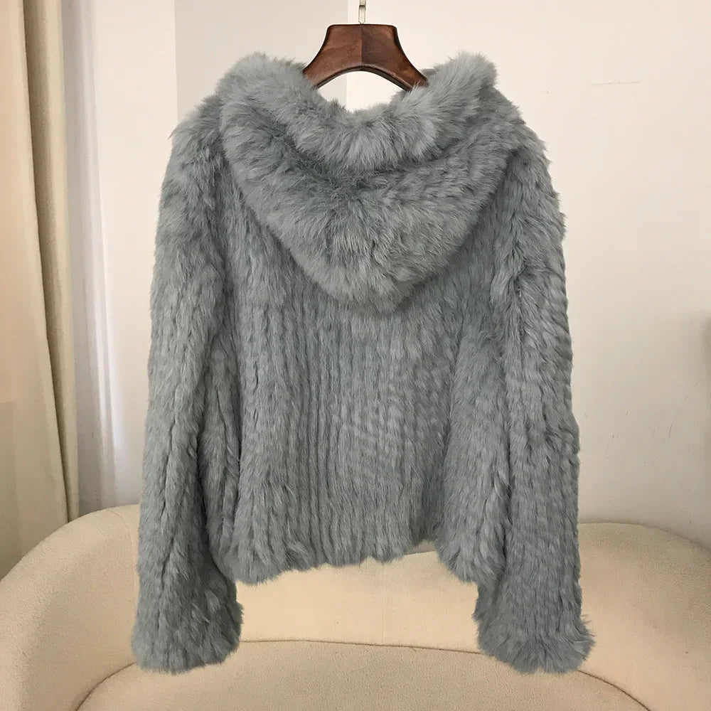 2024 Short Rabbit Fur Coat for Women Autumn Winter New Encrypted Thickened Handmade Double-sided Woven Hooded Korean Style