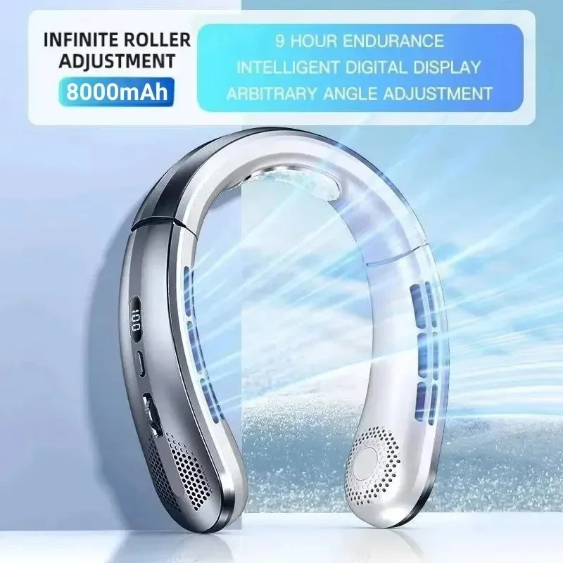 Mini New USB Hanging Neck Fan 8000mAh Rechargeable Bladeless Portable Mute LED Digital Display Electric Fans Air Cooler