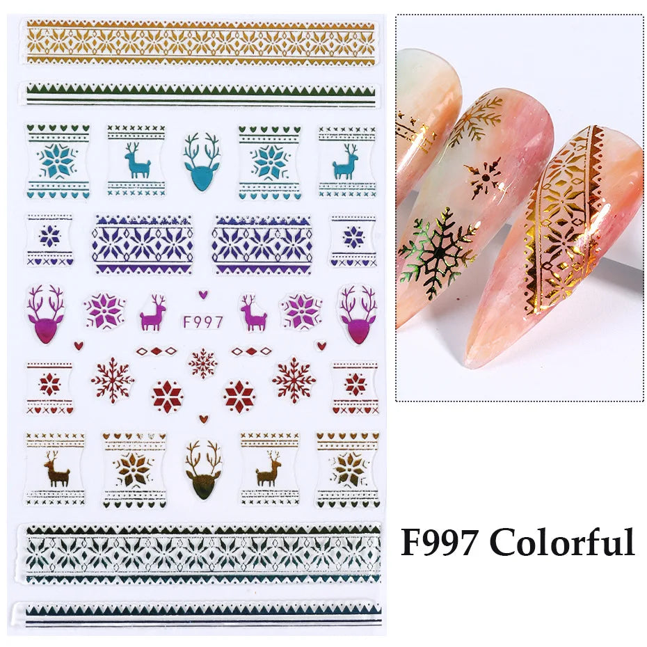 1PCS New Christmas Decorations 2023 New Year Nail Stickers Press on Nails Laser Snowflake Christmas Tree 3D Nail Decal