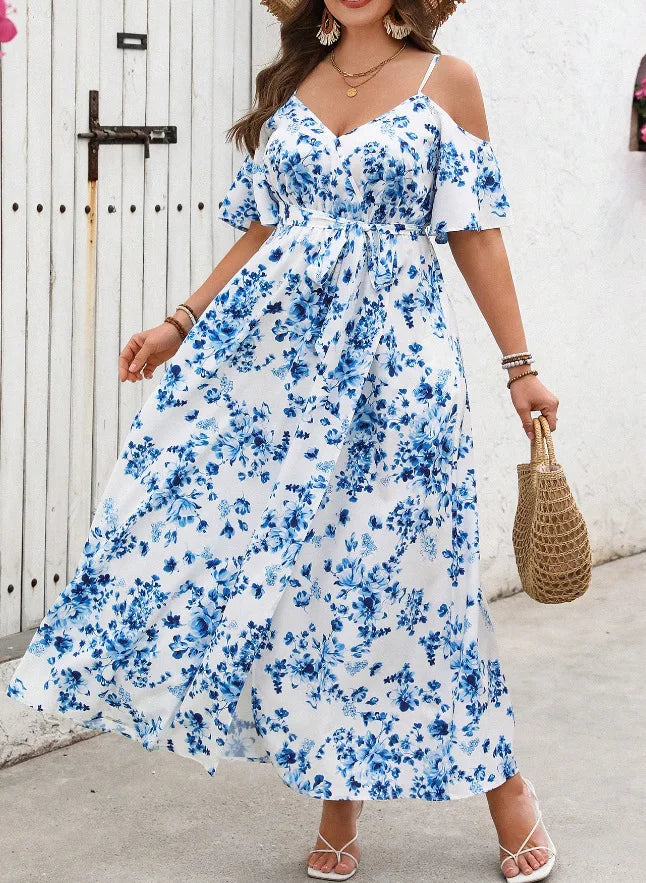Plus Size Large Size Fashion Floral Print Women's Strap Dress Comfortable Casual Long Skirt Polyester Fabric Commute Style Th...