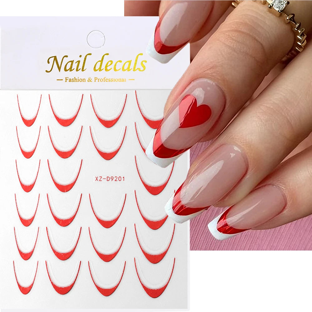 3D Gold Stamping V-Shaped French Tips Nail Art Stickers Retro Metal French Line Nail Decals Chrome Curved Strip Nail Decoration