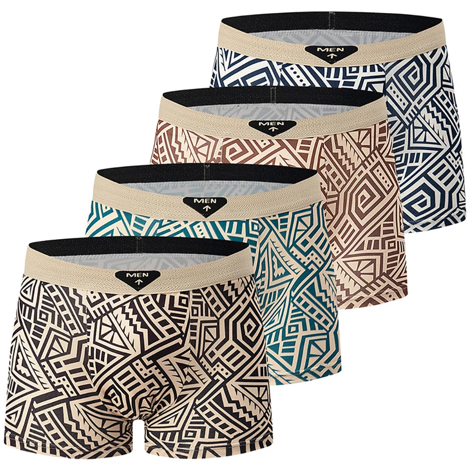 4-piece Set Of Men's Seasonal Fashionable Printed Underwear Comfortable Elastic Waist Flat Angle Pants Plus Size Casual Shorts