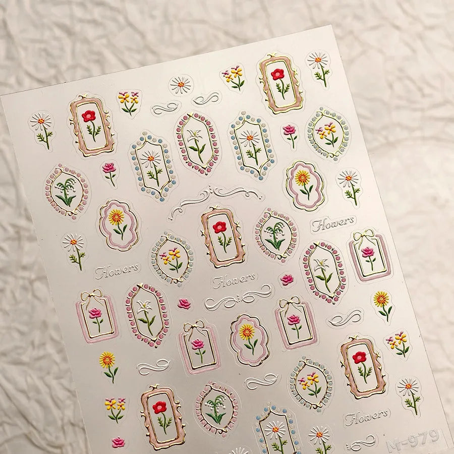 Luxury 5D Floral Nail Art Stickers Gold Silver Chinese Style Metal Frame Shiny Crystal Rhinestone Self Adhesive Manicure Decal
