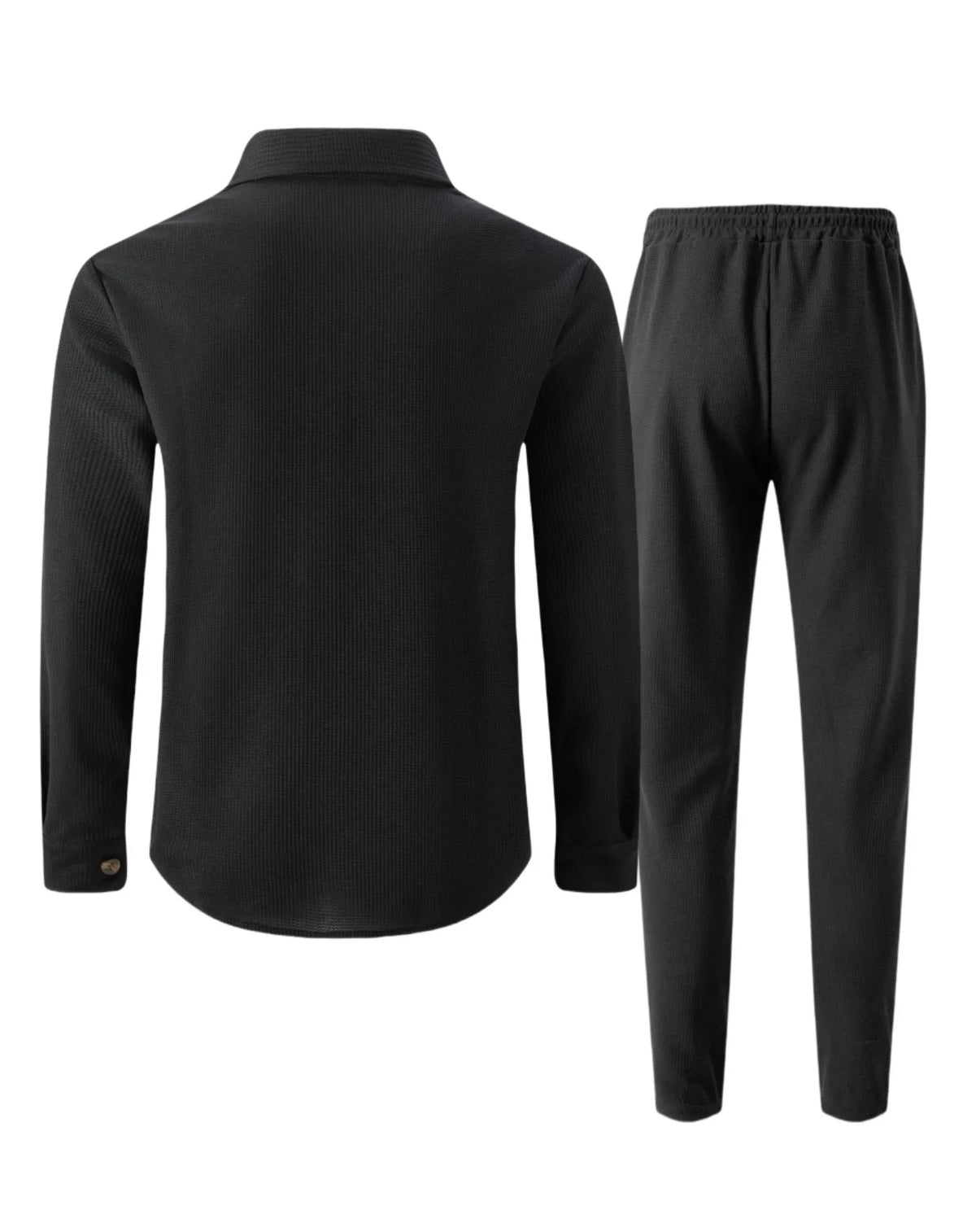 New autumn style waffle long-sleeved solid-color double-pocket buttoned cardigan shirt and pants set