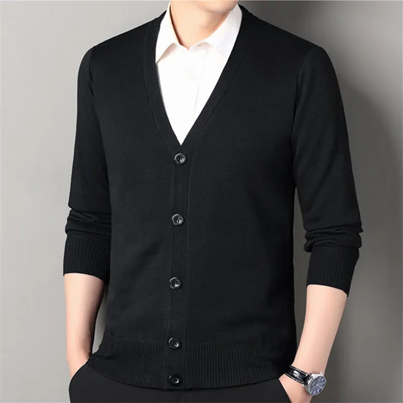 Autumn Winter Men's Casual Knit Cardigan Solid Color Slim Fit Fashion V-Neck Knitted Sweatercoat Men Fleece Warm Sweater Jackets