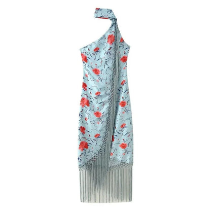 2026 Women Satin Floral Print Halter Neck Dress Fringe Trim Asymmetrical Hem Party Maxi Dress for Beach Vacation
