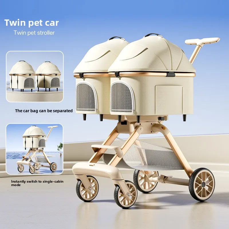 Twin Pet Cart Double Cabin Walking Pet Artifact Cat and Dog Outdoor Small and Medium Lightweight Foldable Double Layer Cart
