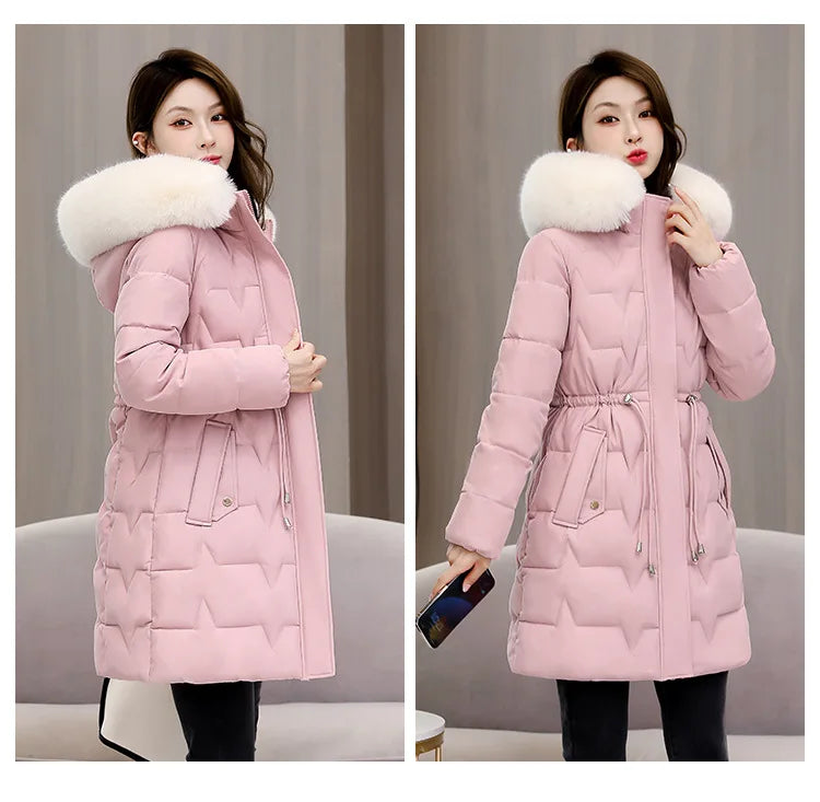 Hooded Women Parkas Coats Mid LenthJackets  Oversize Solid Fur Collar Zipper Drawstring Waist Loose Casual 2025 Autumn Winter