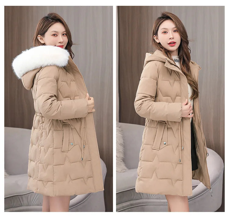 Hooded Women Parkas Coats Mid LenthJackets  Oversize Solid Fur Collar Zipper Drawstring Waist Loose Casual 2025 Autumn Winter