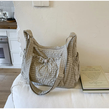 Korean Nylon Shoulder Bag Fashion Simple Plaid Zipper Tote Bag Drawstring Pleated Cloud Bag New Commuter Crossbody Shoulder Bag