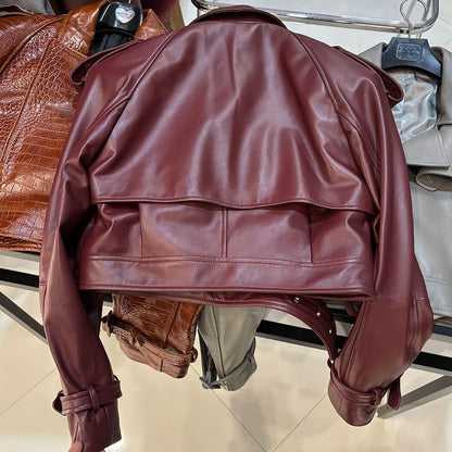 YOLOAgain Wide Shoulder Real Leather Jacket Women Oversized Genuine Leather Cropped Jacket