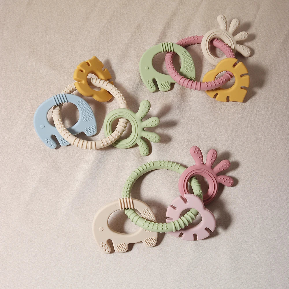 4 In One Baby Silicone Teether Ring BPA Free Rattles Bracelet Food Grade Elephant Cute Octopus Shaped Teething Ring Toys