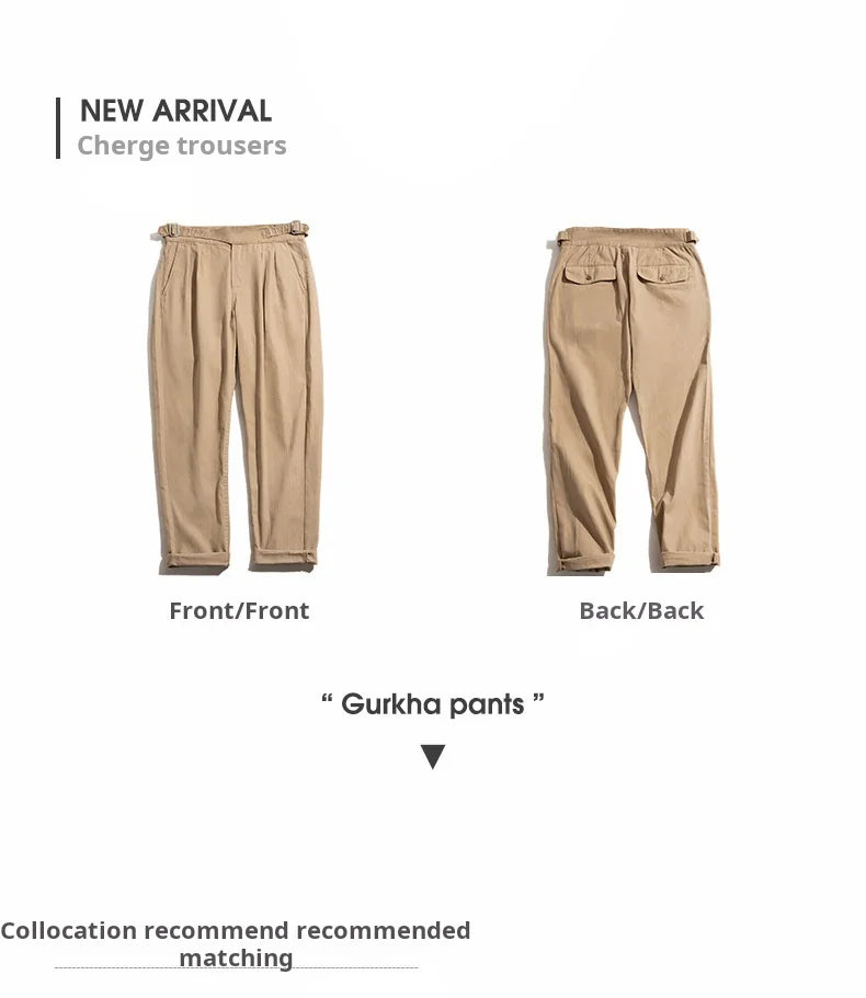Maden Vintage Khaki Gurkha Pants Adjustable High Waist Casual Cargo Work Pants Classic Straight Trousers Men's Spring and Fall