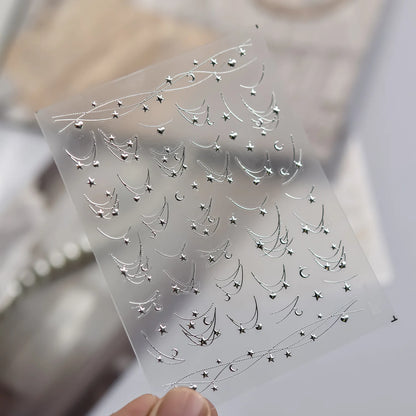 1Pcs 5D French Star Moon Chains Nail Art Stickers Gold/Silver Curved Lines,Starlight Nails Slider Self-Adhesive Manicure Decal &