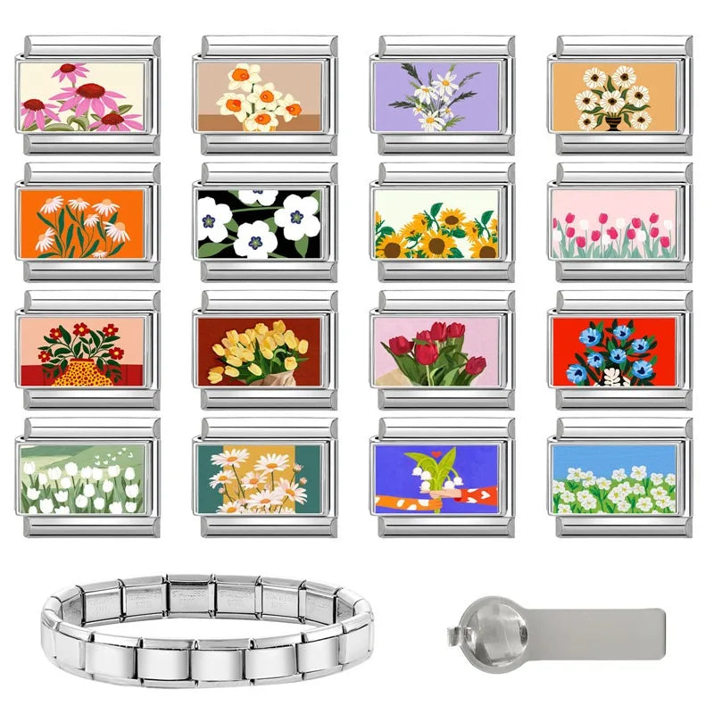 2025 Women's Fashion Colorful Flowers Oil Painting Style Series Italian Charms Fit 9mm Stainless Steel Bracelet DIY Jewelry Gift
