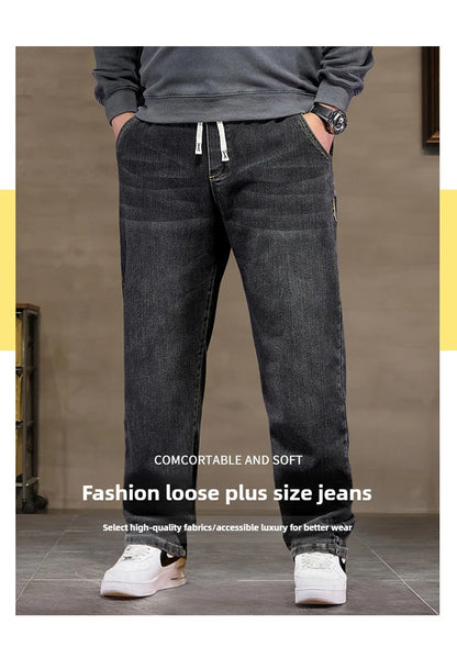 Extra Big Size Jeans Men High Elastic Waist Baggy Denim Pant Male Plus Large Loose Slim Fit Cowboy Trouser 8XL 6XL Classic Black