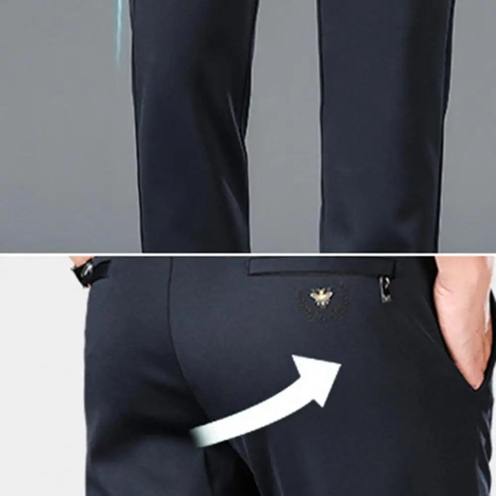 Men Casual Pants Loose Straight Drawstring Elastic Waist Business Pants Solid Color Breathable 2 Side Pockets Sports Trousers