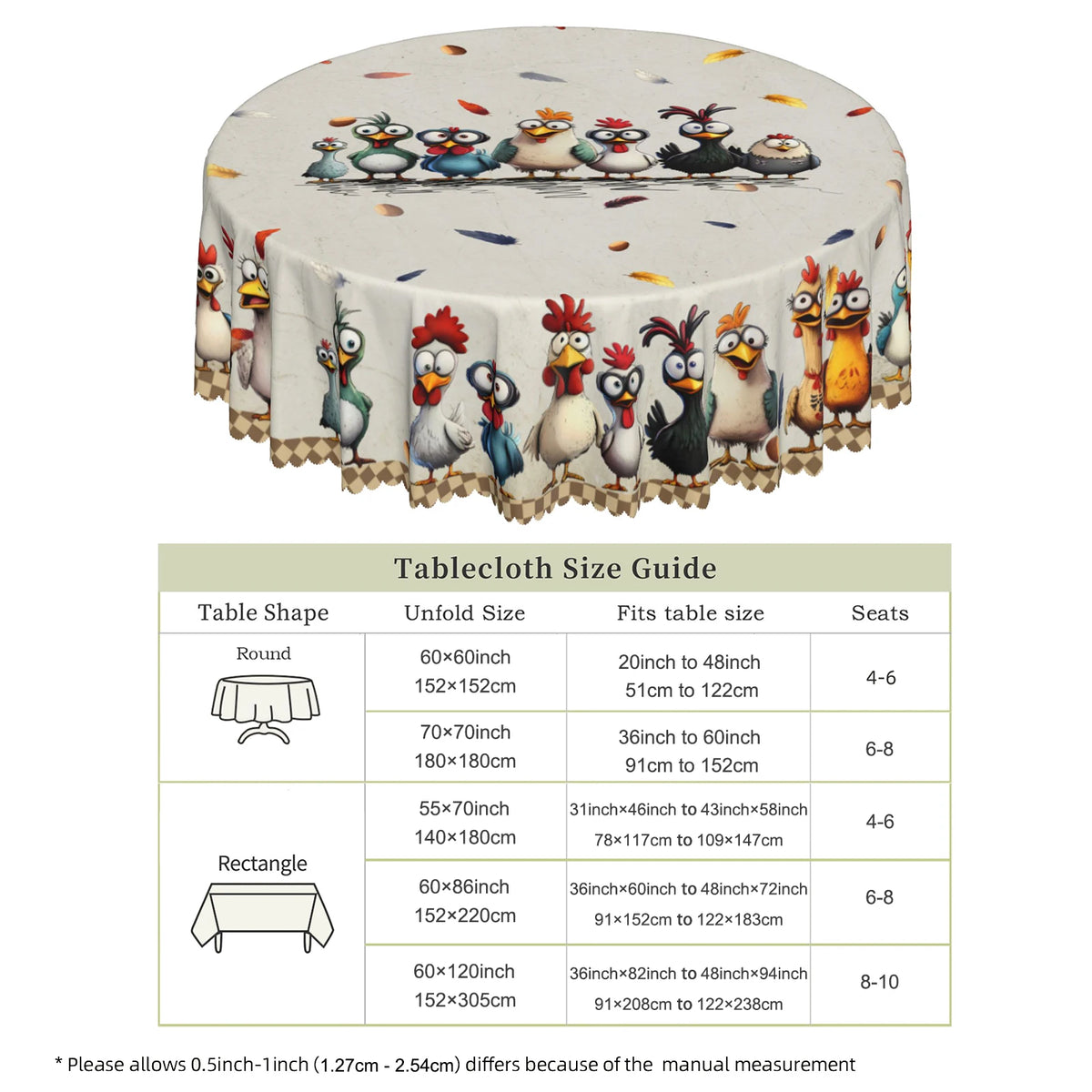 Cute Crazy Chicken Polyester Tablecloth, Featuring Various Adorable Chicken Patterns in Different Colors, Colorful Feathers, Egg Prints, Embossed Edges, Waterproof, Wrinkle-Resistant, Fade-Resistant, Suitable for Rectangular