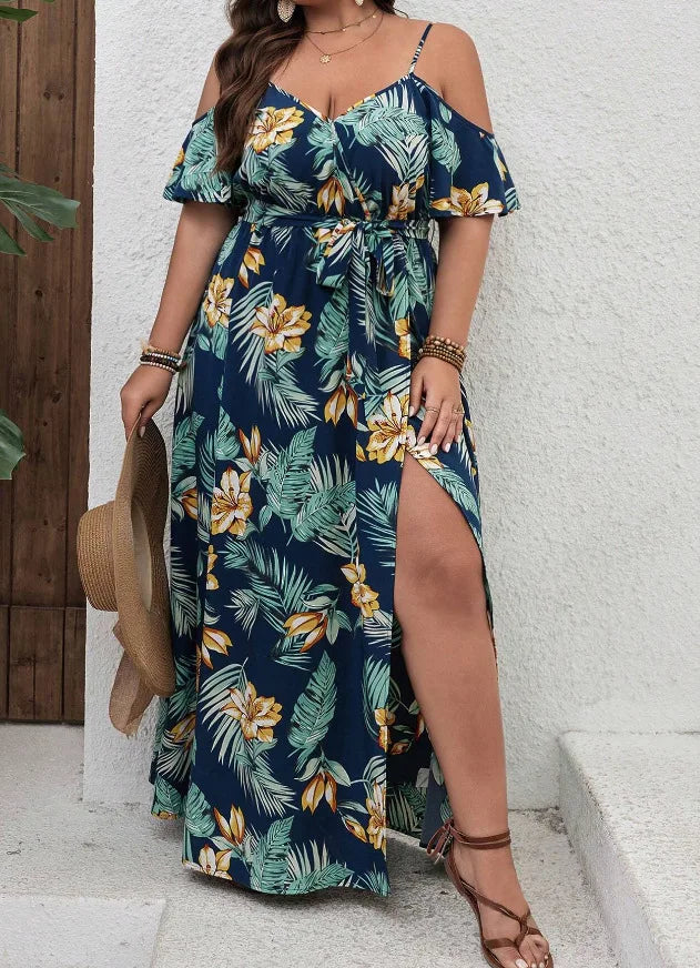 Plus Size Large Size Fashion Floral Print Women's Strap Dress Comfortable Casual Long Skirt Polyester Fabric Commute Style Th...