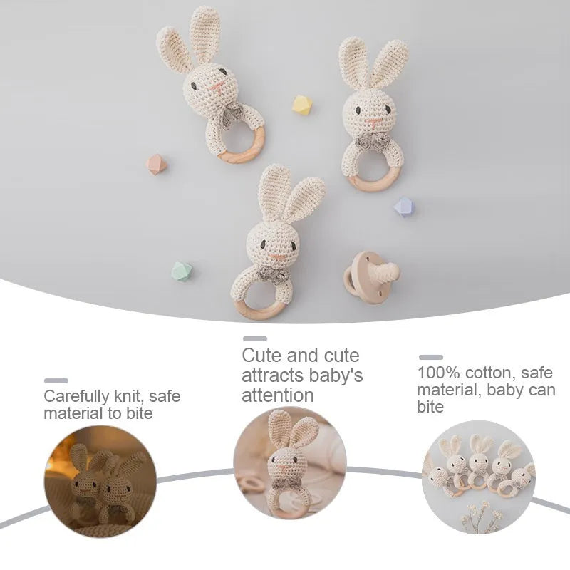 1Pc Baby Teether Wooden Crochet Rattle Toy BPA Free Baby Mobile Play Gym Wood Rodent Rabbit Rattle Newborn Educational Toy Gifts