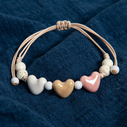 Handmade Multicolor Ceramic Triple Heart Bracelet Adjustable Wax Cord Minimalist Boho Style for Couples and Friends