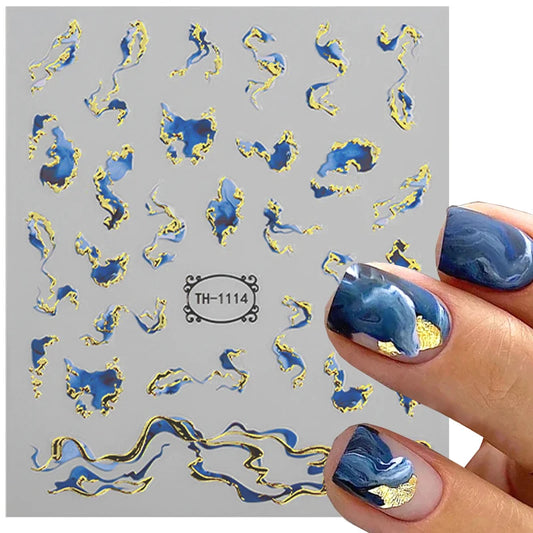 Golden Wave Line 3D Nail Sticker Marble Blue Geometry Abstract Nail Art Sliders Silver French Liner Decals Manicure Decorations