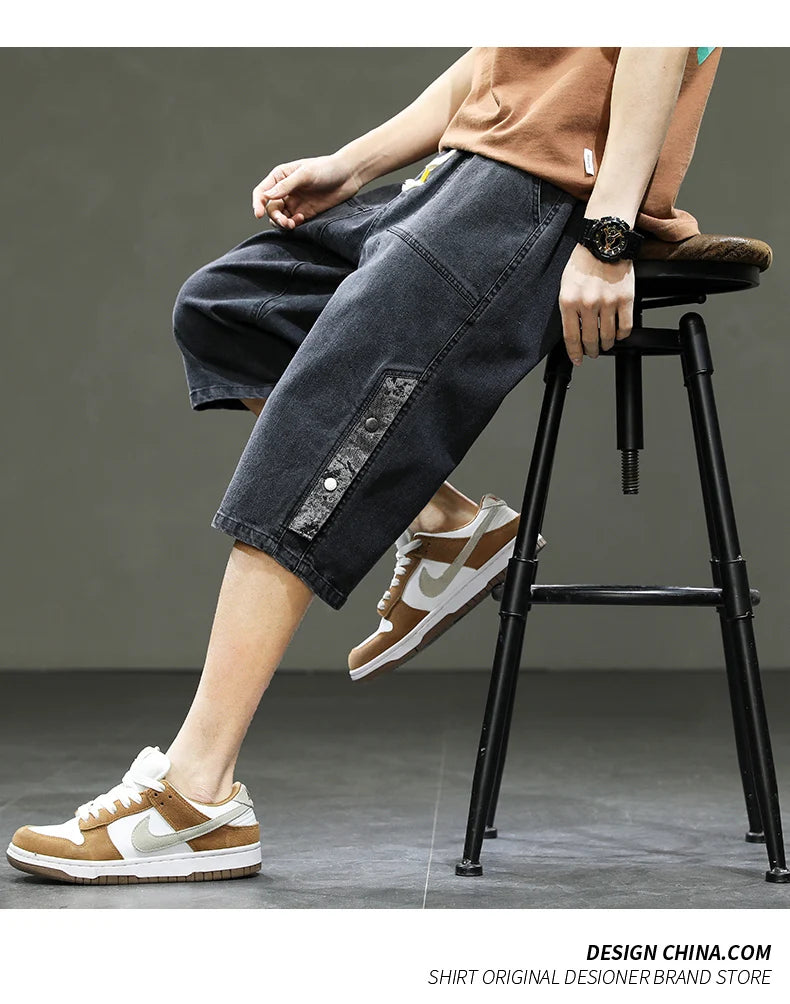 Korean Style Men's Long Shorts 3/4 Length Denim Bermuda Male Big Plus Large Size Jeans Fashion Below Knee Streetwear Loose Baggy