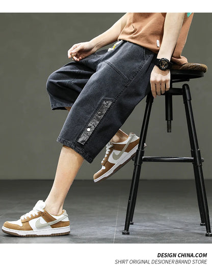 Korean Style Men's Long Shorts 3/4 Length Denim Bermuda Male Big Plus Large Size Jeans Fashion Below Knee Streetwear Loose Baggy