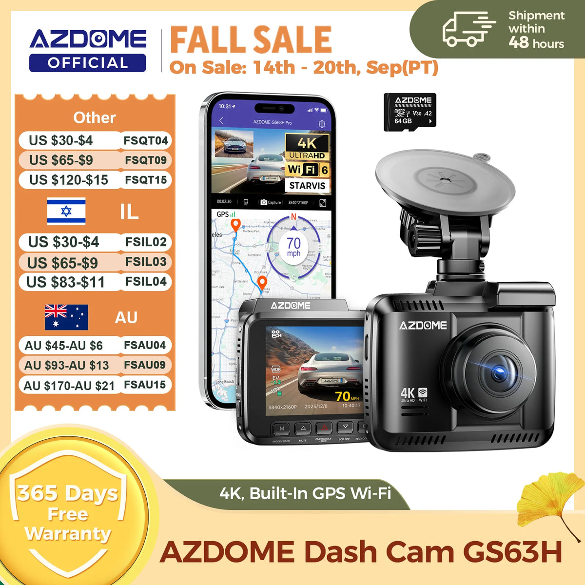 AZDOME Dash Cam GS63H 4K Built-In GPS Wi-Fi Dash Car Camera with Starvis 2.4" Screen WDR Night Vision Car DVR Parking Monito