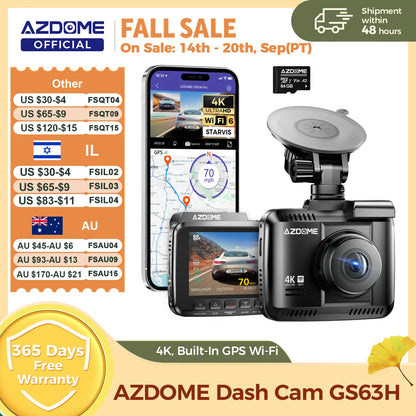 AZDOME Dash Cam GS63H 4K Built-In GPS Wi-Fi Dash Car Camera with Starvis 2.4" Screen WDR Night Vision Car DVR Parking Monito