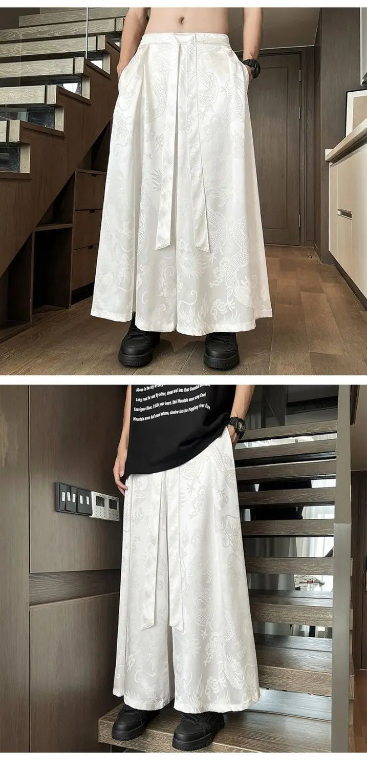 Men's Black Dragon Jacquard Wide-Leg Pants - New Chinese Style Satin Belted Trousers