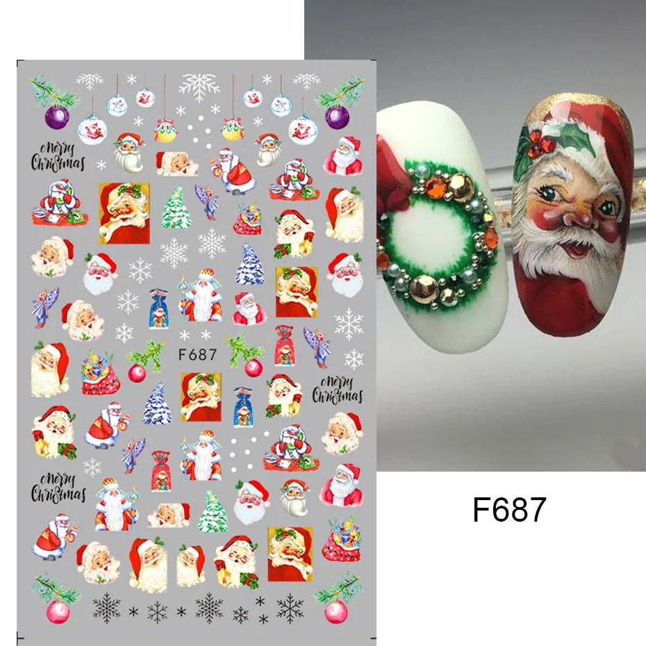1PCS New Christmas Decorations 2023 New Year Nail Stickers Press on Nails Laser Snowflake Christmas Tree 3D Nail Decal