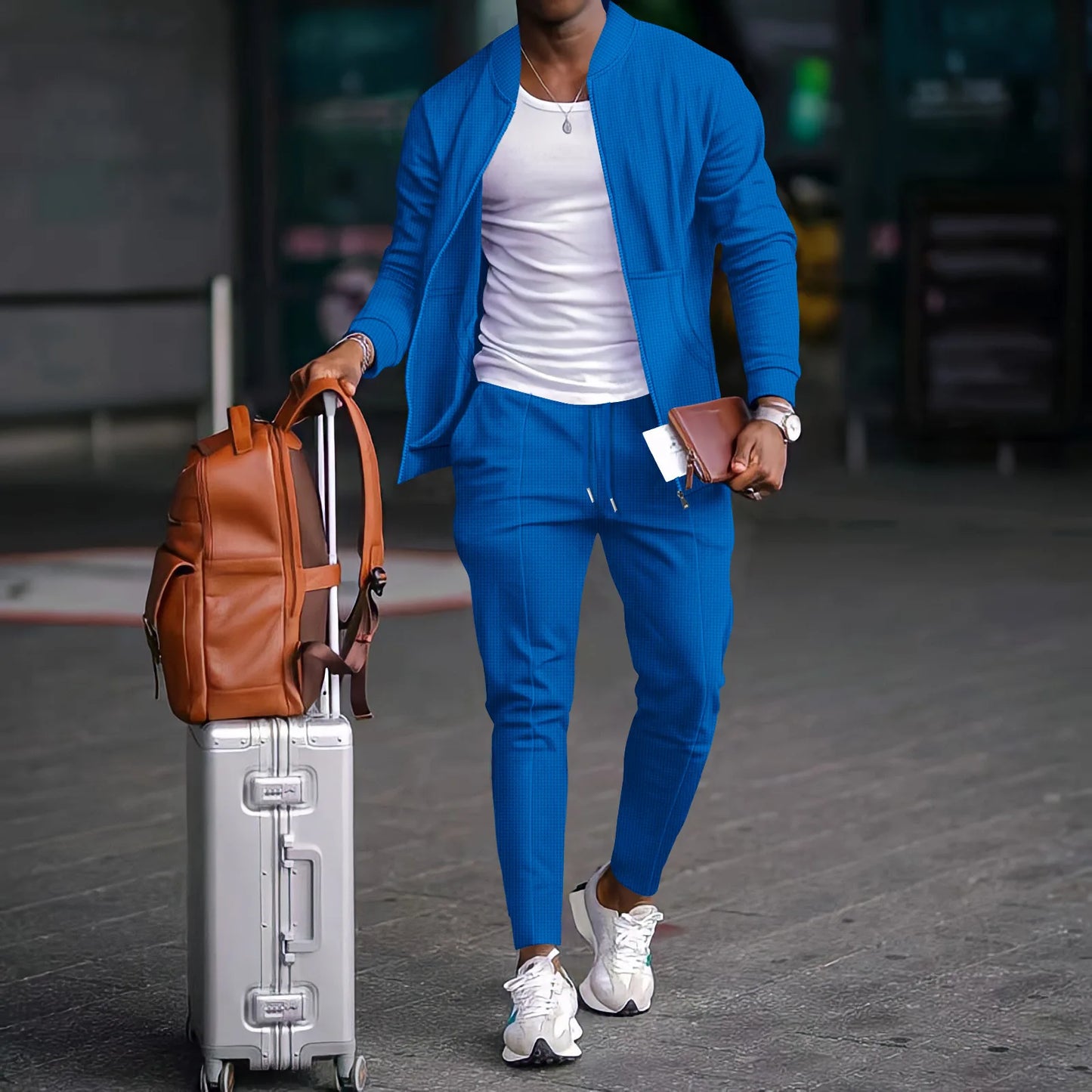 Autumn Winter Men's Casual Blazer Set New Fashion Waffle Baseball Suit Round Neck Pocket Zipper Long Sleeve Trousers Two-Piece S