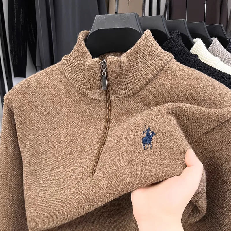 High quality half zipper knitted sweater men fashion luxury brand embroidery designer new top plush warm thick casual men's wear