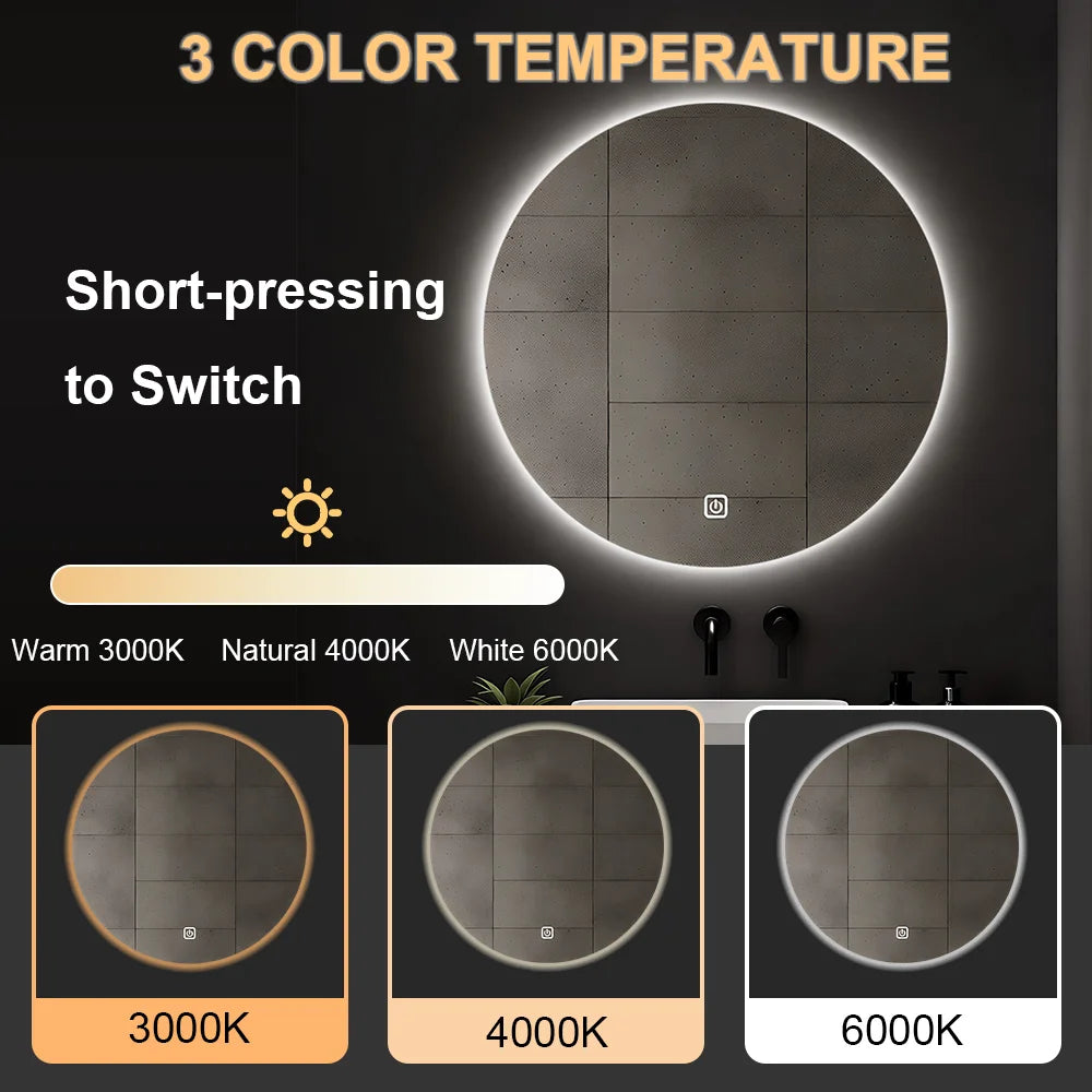 Smart Round Bathroom Mirror With LED Backlit Lights Wall Mounted Mirror 3 Colors Memory Stepless Dimmable Waterpoof IP54 Touch Switch